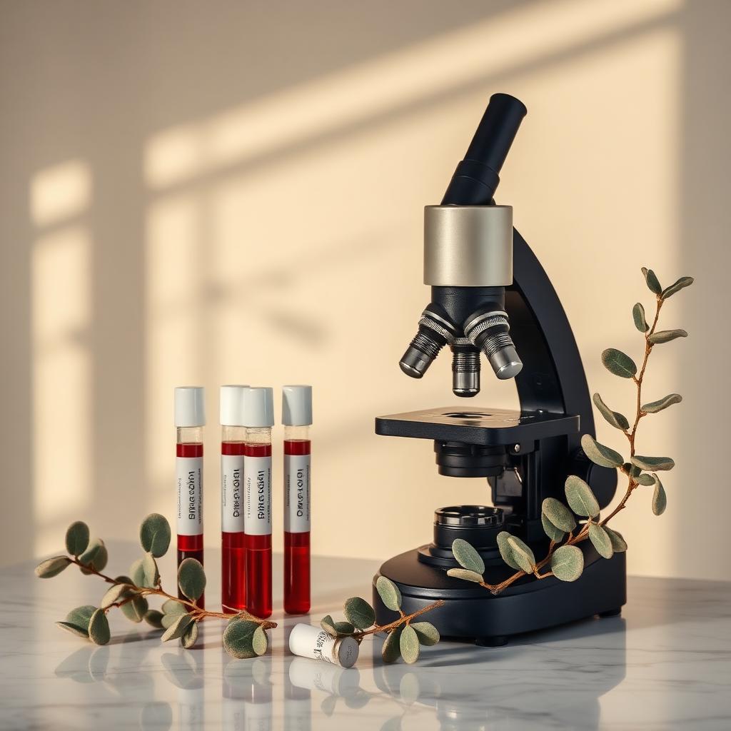 Microscope with laboratory blood vials and botanicals